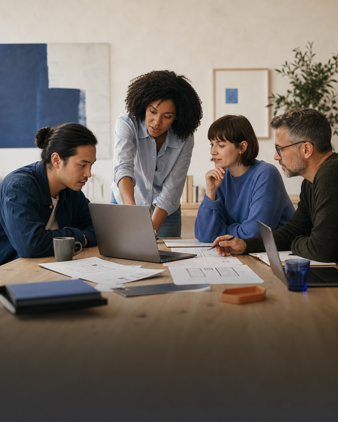 A product team collaborating around a laptop and interface sketches